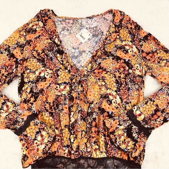 FREE PEOPLE Heat Wave Floral Long Sleeve Thong Bodysuit V-Neck Orange‎ Black New - Picture 6 of 14